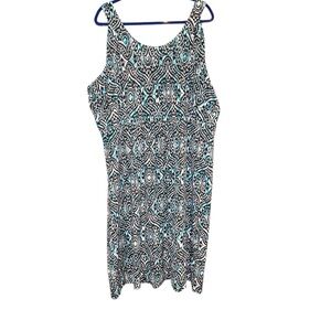 Avenue - Dark Brown, teal, White Patterned Sleeveless Knee Length Dress - 30/32